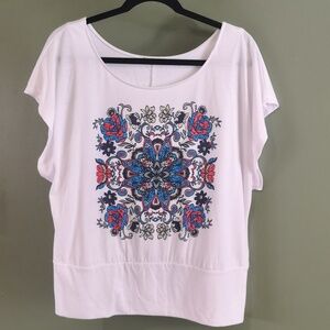 Ricki's White Kaleidoscope Graphic Scoop Neck Banded Flutter Sleeve Top Sz L
